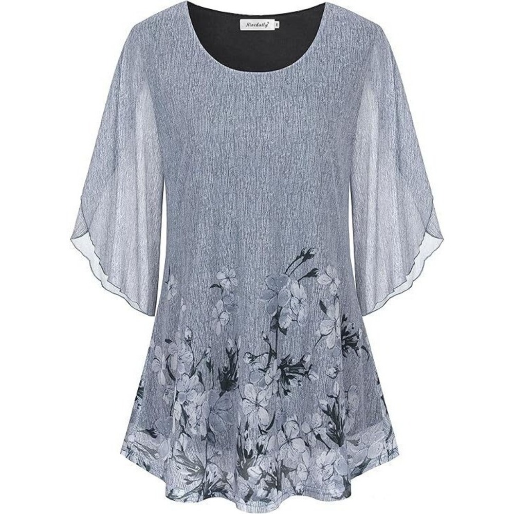 Ninedaily Women's 3/4 Sleeve Double Layer Mesh Tunic -‎ Gray Floral - 2X